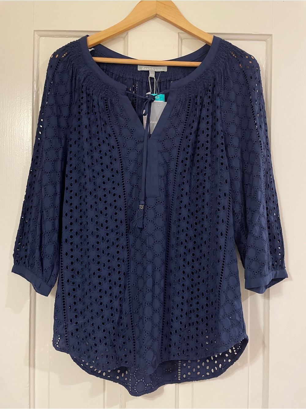 Daniel Rainn Pale Sky Wilcox Navy Blue Eyelet Boho Blouse Top NWT - Size M - Picture 1 of 3